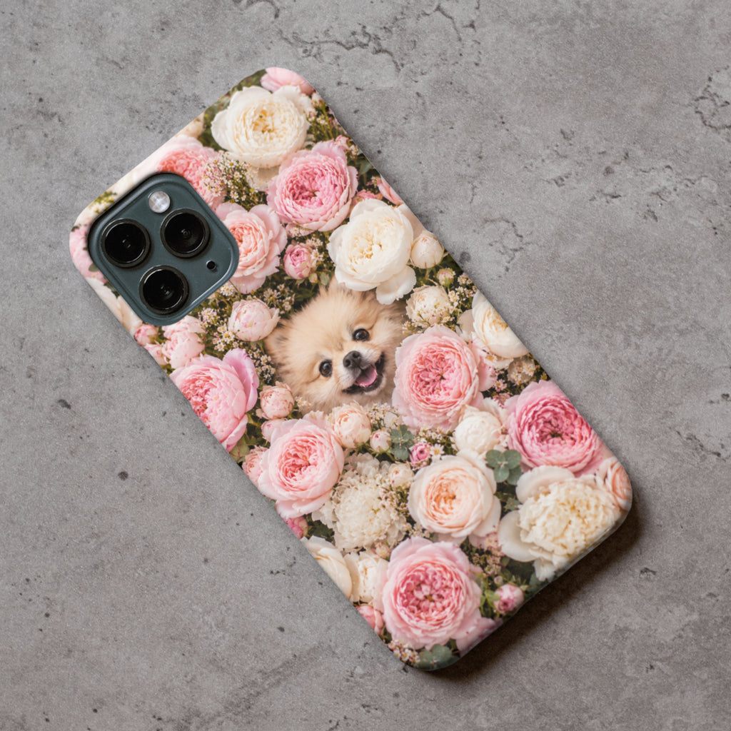 Pomeranian Floral iPhone Case | Cream Dog, Peony Flowers, Protective Cover