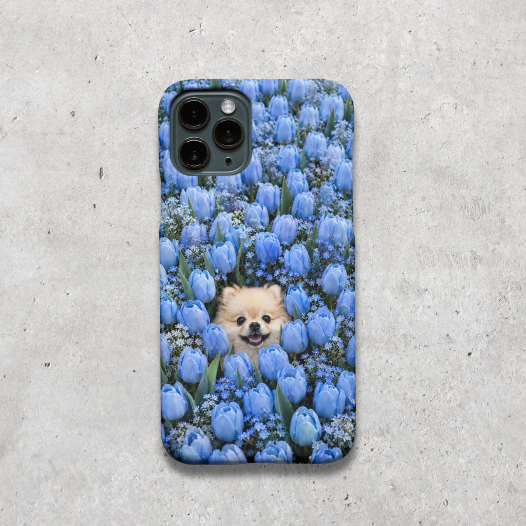 Blue Tulip Pomeranian Dog iPhone Case | Floral Dog Lover Gift
