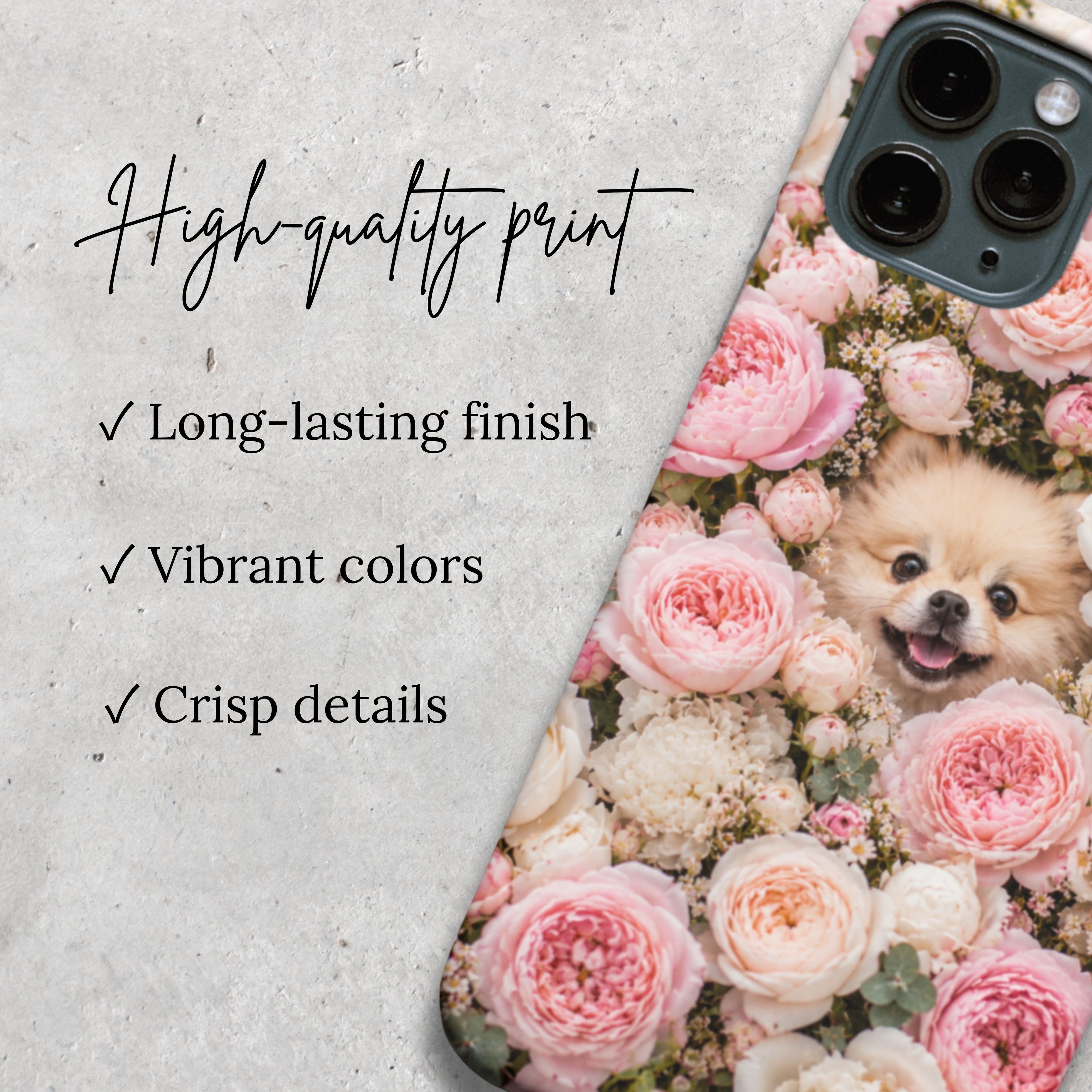Pomeranian Floral iPhone Case | Cream Dog, Peony Flowers, Protective Cover