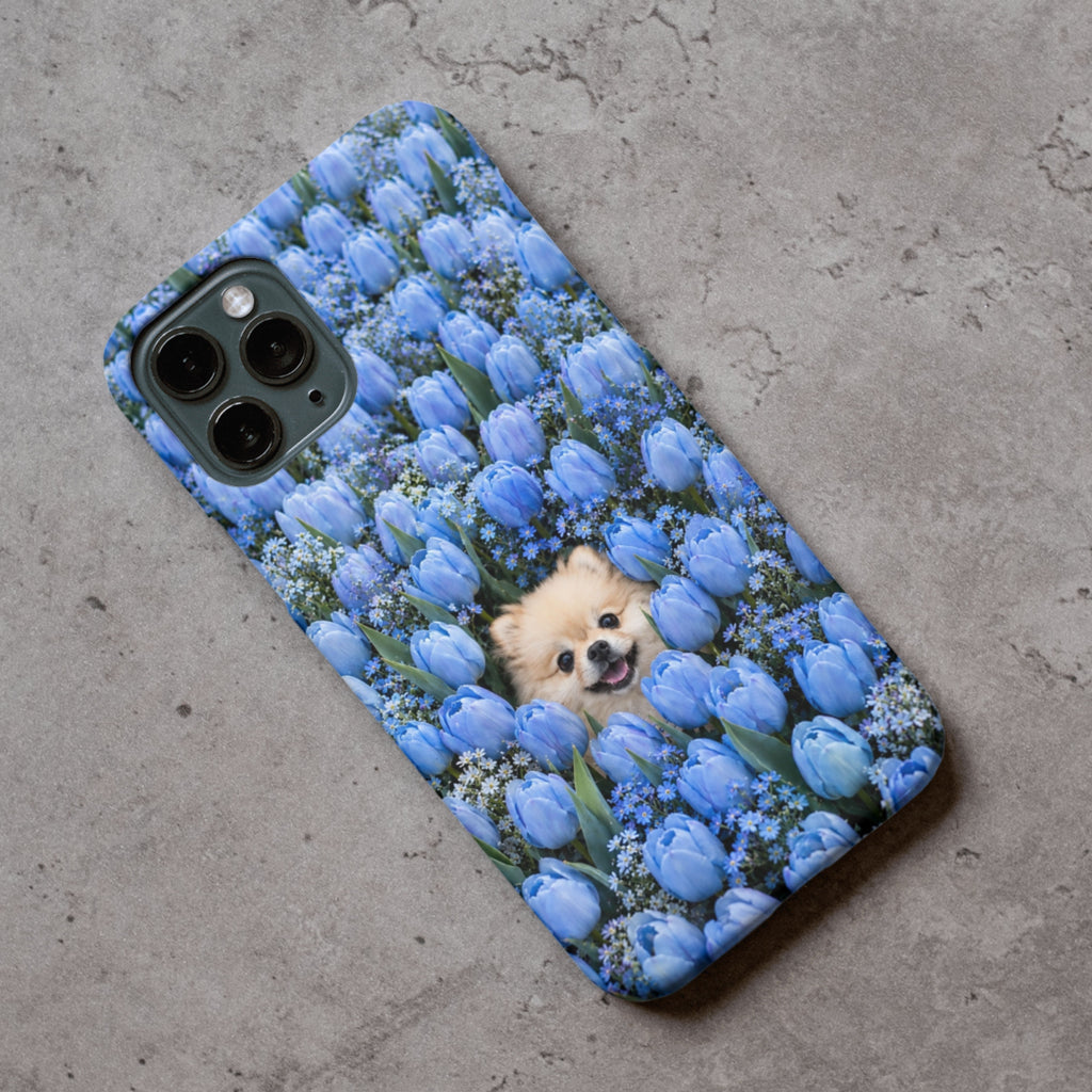 Blue Tulip Pomeranian Dog iPhone Case | Floral Dog Lover Gift