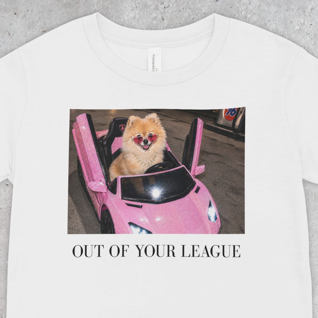 Out of Your League | Pomeranian Dog Graphic Tee | Y2K Pink T-Shirt